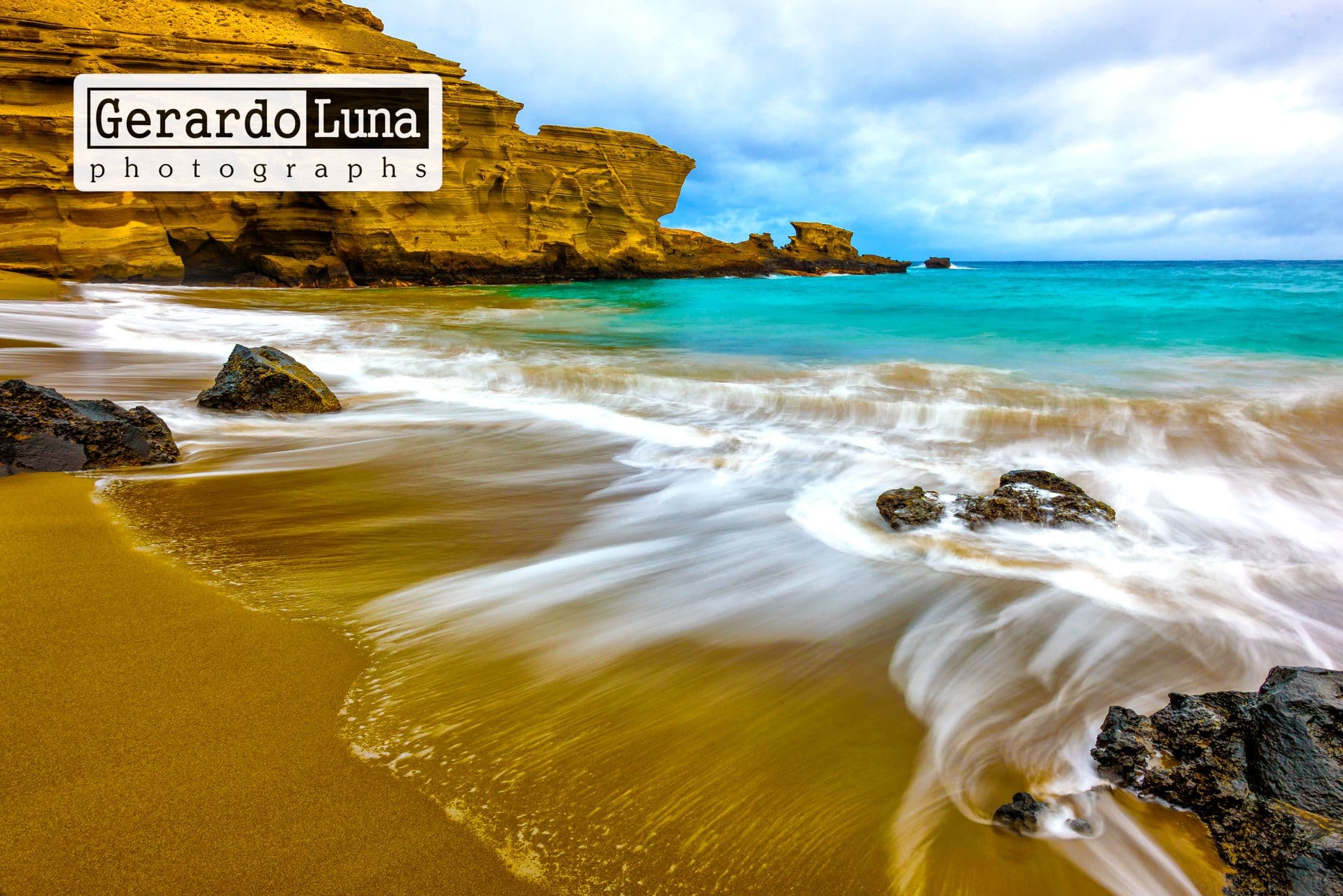 Time lapse of waves on a green sand beach in Hawaii